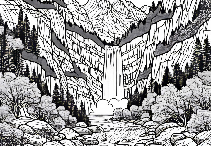 Водопад се спуска в дълбока пропаст в планината – Безплатна оцветяваща страница