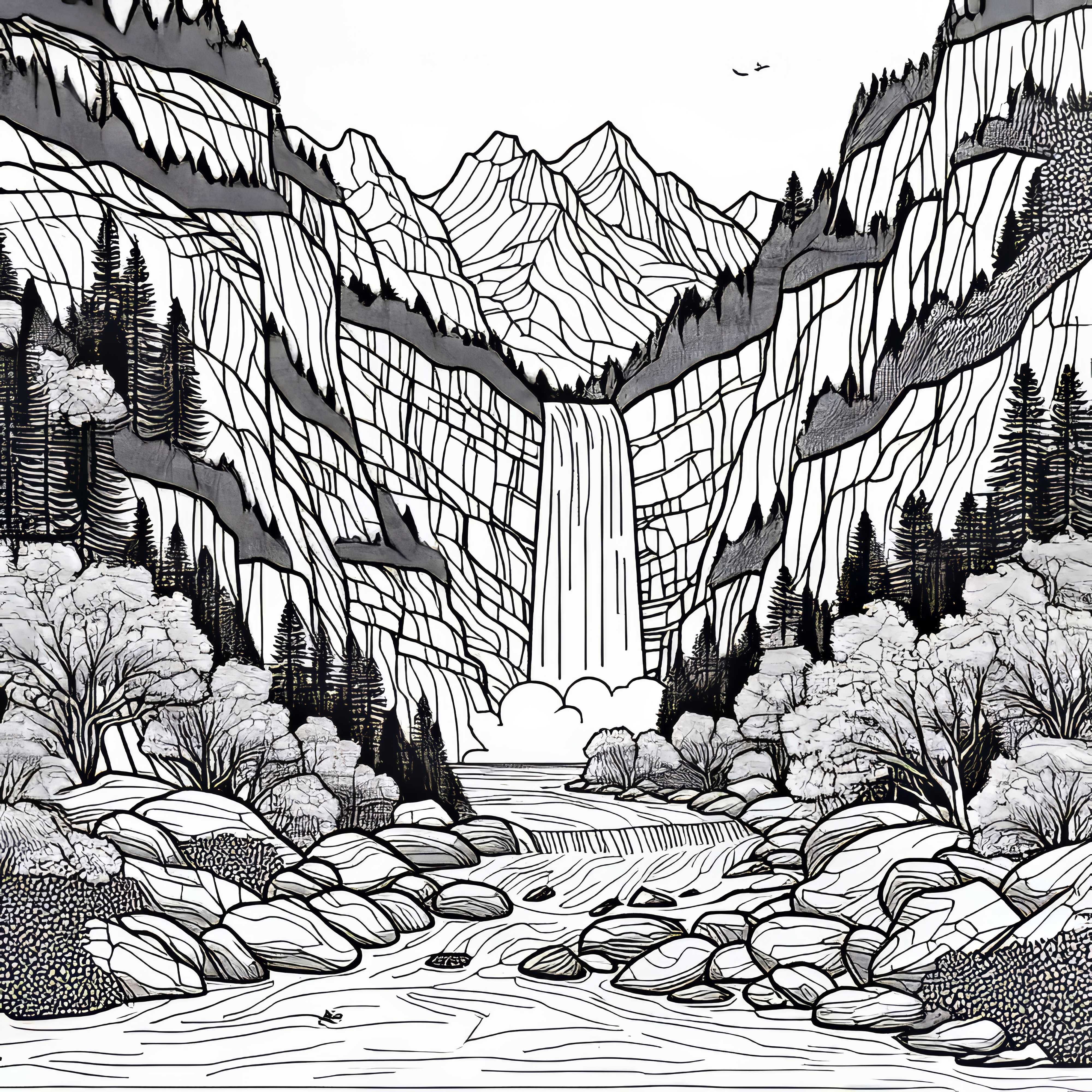 Водопад се спуска в дълбока пропаст в планината - Безплатна оцветяваща страница Водопад пада в дълбока пропаст в планината – Безплатна рисунка за оцветяване