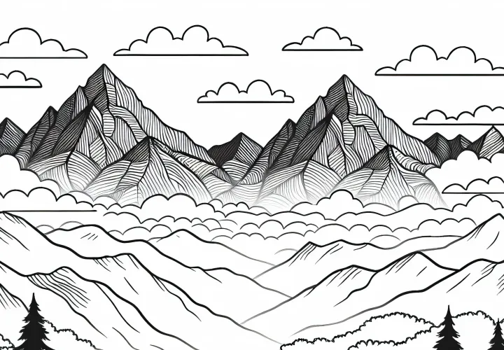 Cloud-covered mountain peak coloring page free