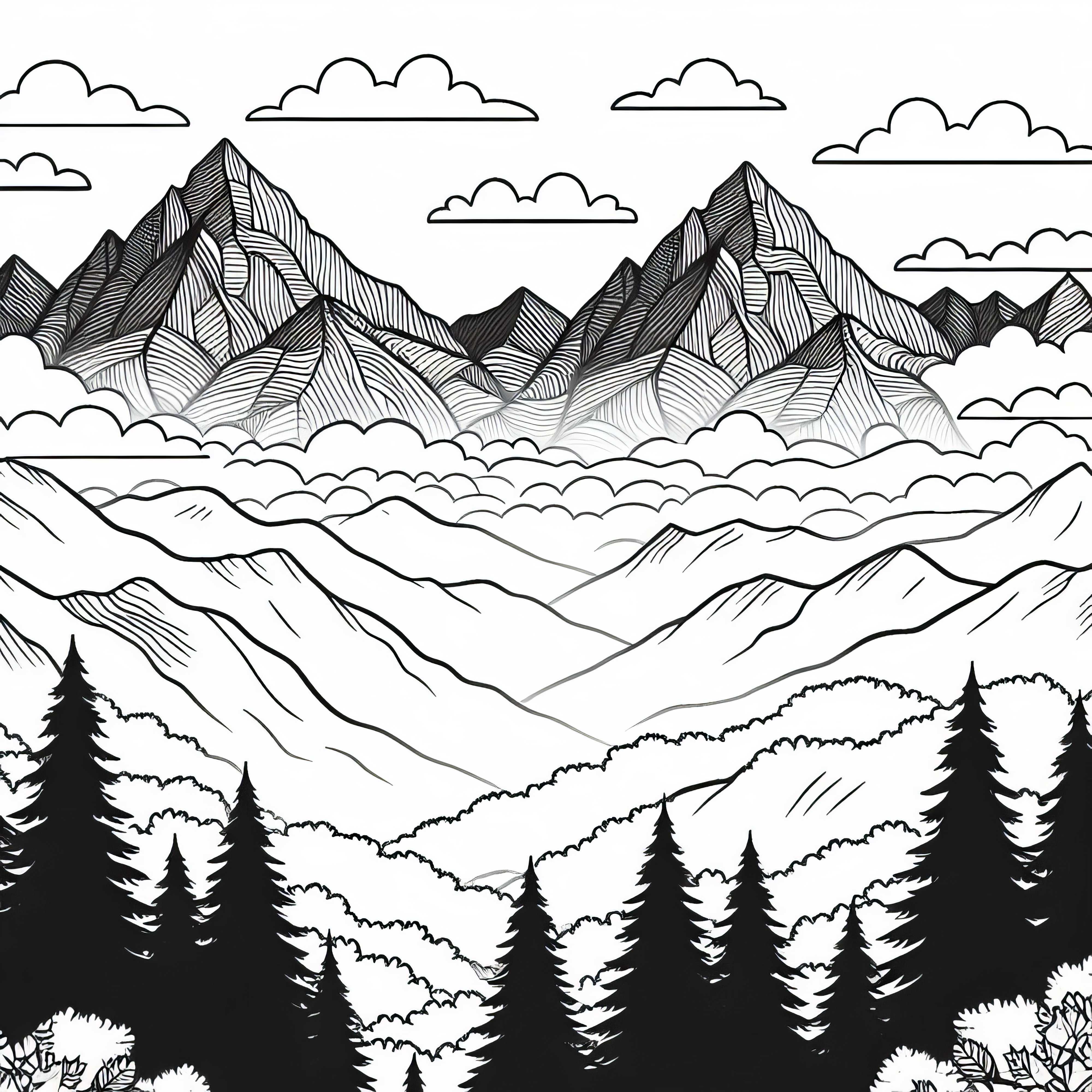 Безплатна оцветяваща страница с планински върхове, покрити с мъгла Безплатен шаблон за оцветяване на планински върхове в мъгла