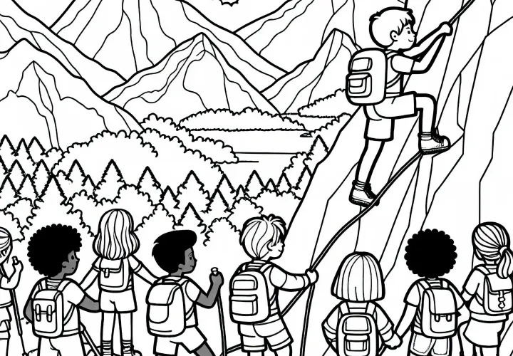 Children climbing in the mountains - Free coloring page