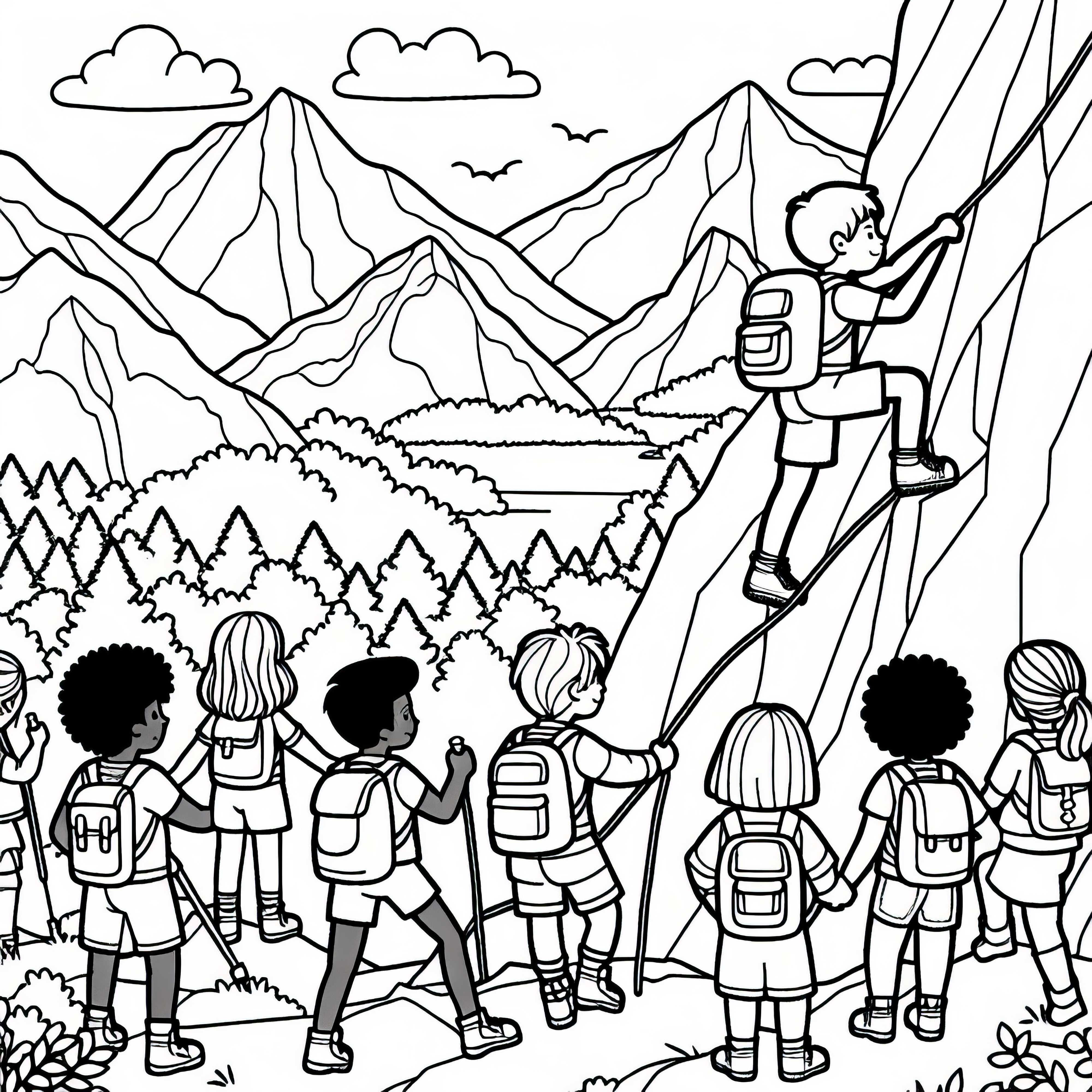 Децата се катерят в планината – безплатна оцветявка Децата се катерят в планината – Безплатна рисунка за оцветяване