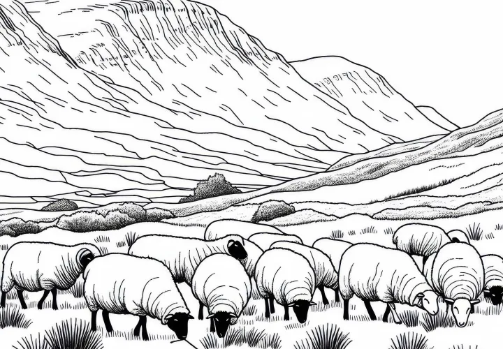 A flock of sheep grazes on gentle hills in the highlands - free coloring page