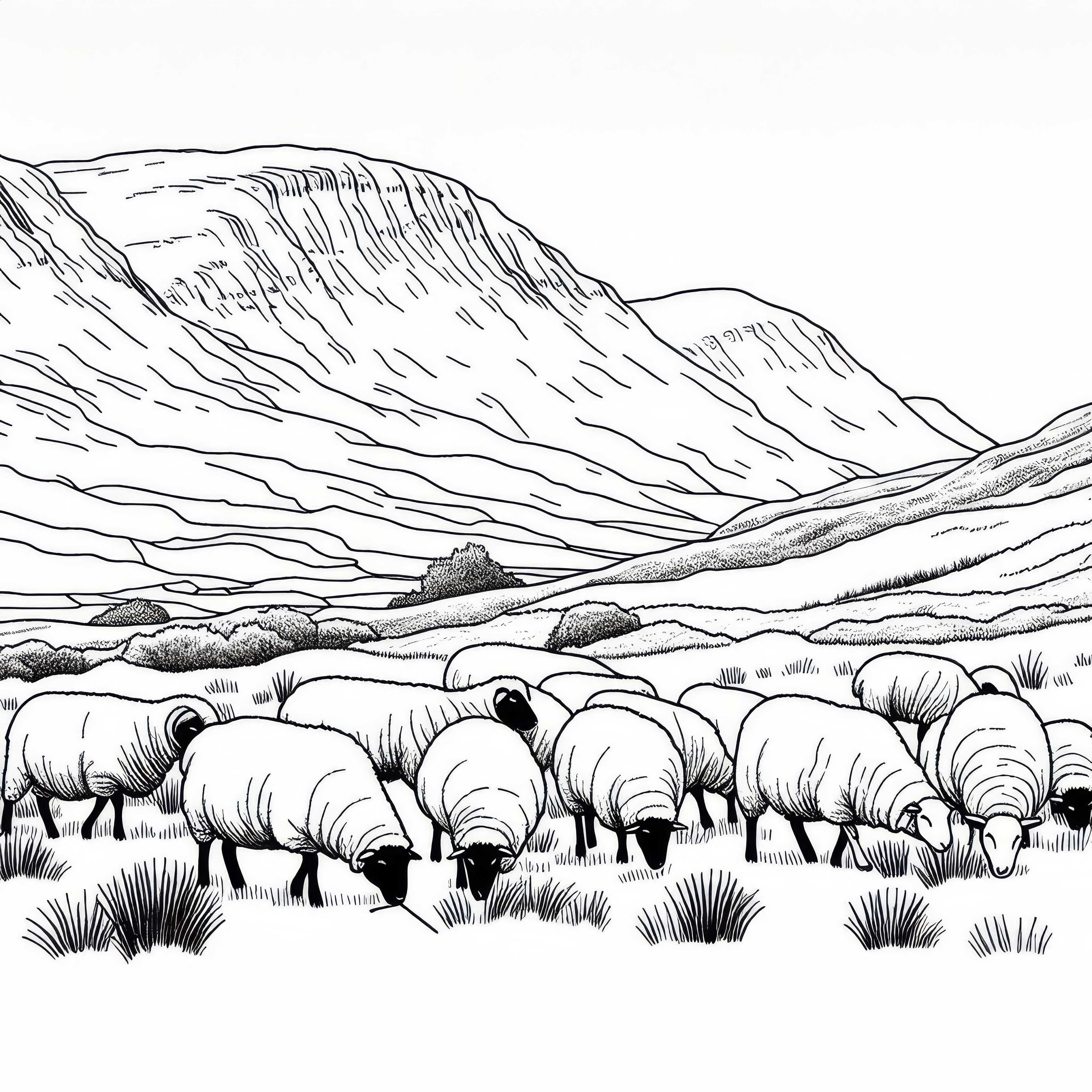 Овчарска стадо пасе на нежни хълмове в планината - безплатен контур за оцветяване Овча стадо пасе по нежни хълмове в планината - безплатна оцветявка
