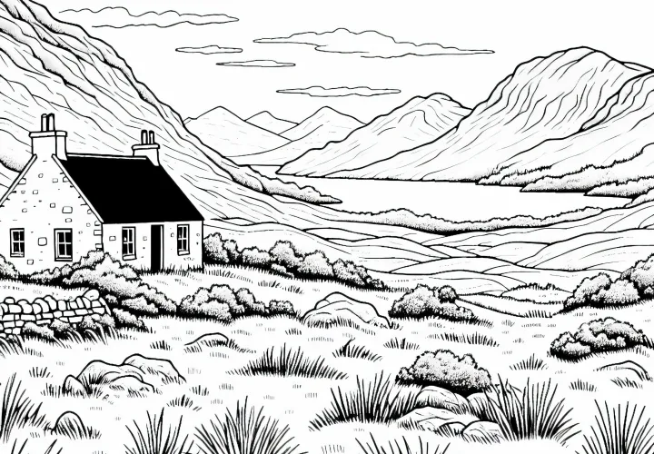 Lonely cabin in the highlands - Free coloring template