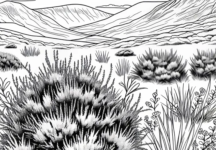 Coloring page: Heather blooms over a wide area in the highlands