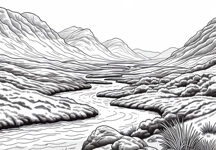 River winds through highland - Free coloring page