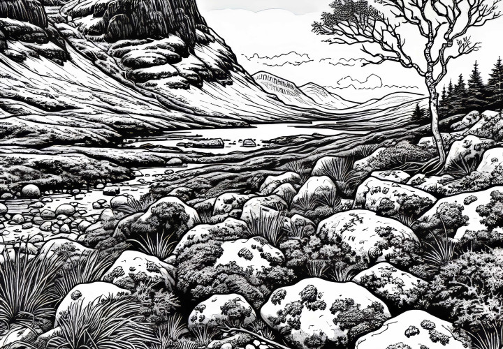 Скали и мъх в планината – безплатна оцветяваща картина