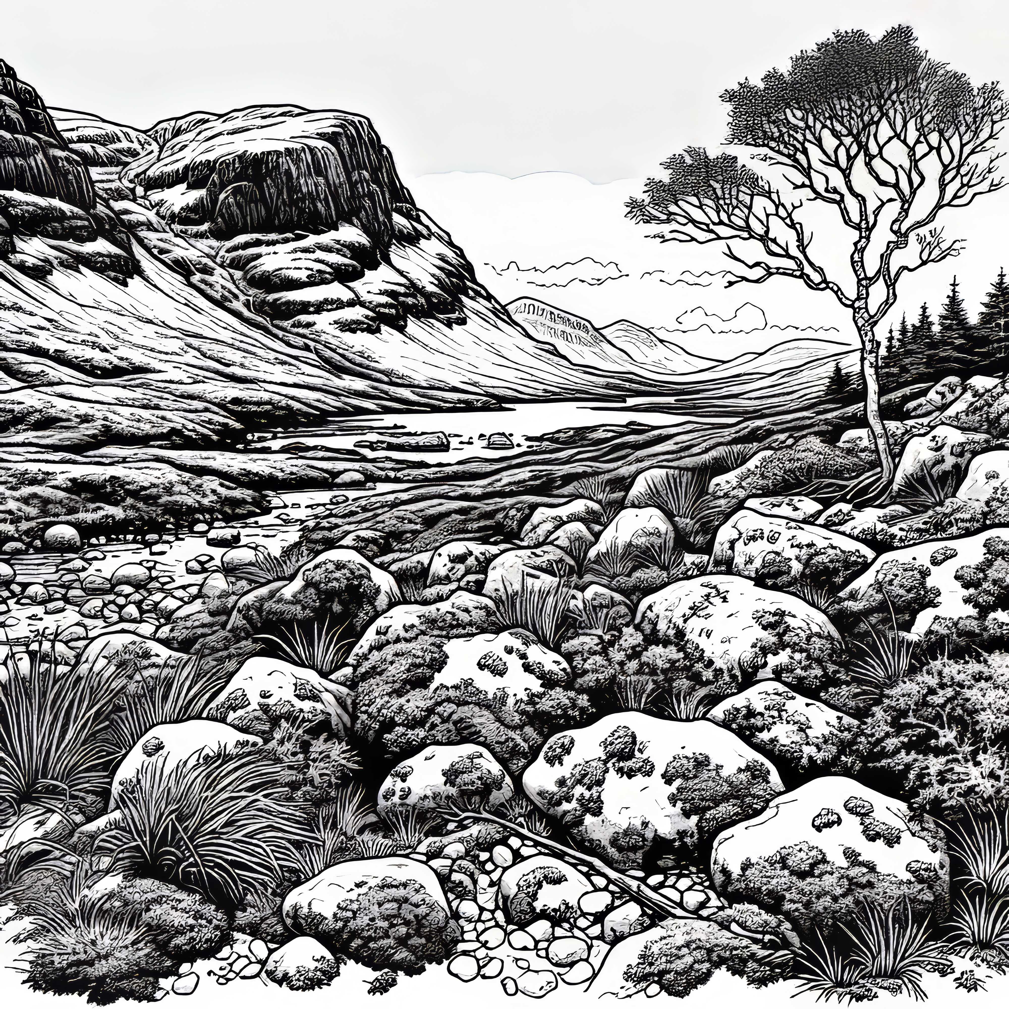 Скали и мъх в платото – безплатна оцветявка Скалите и мъхът в планините – Безплатна картинка за оцветяване