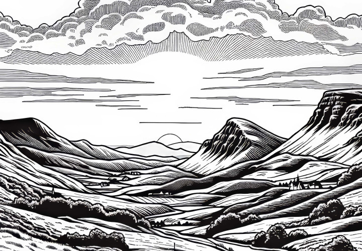 Залез над хълмист пейзаж в планината – Безплатна картинка за оцветяване