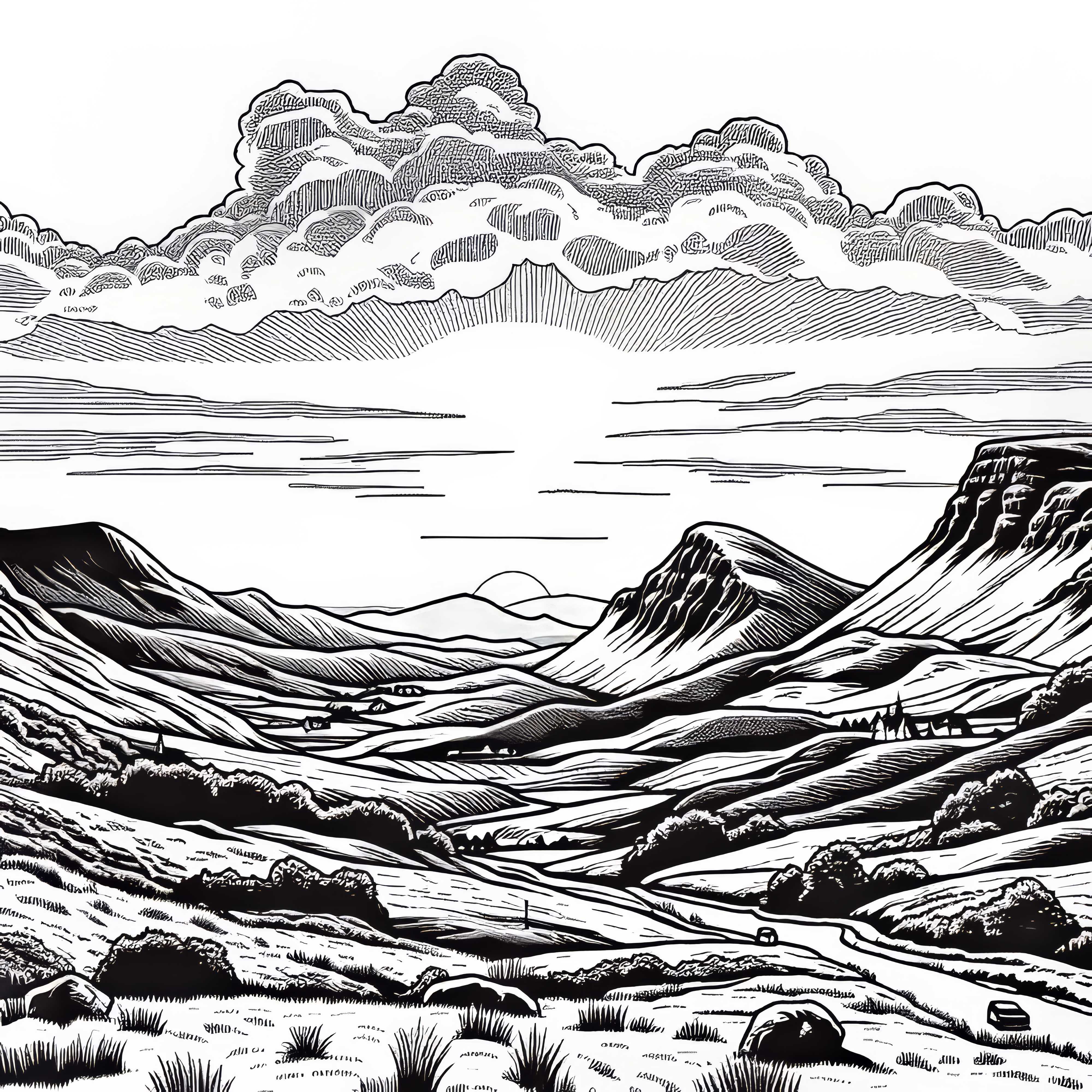 Изгрев над хълмистата местност в планината – Безплатна картина за оцветяване Слънчев изгрев над хълмистата местност в планината – Безплатна рисунка за оцветяване