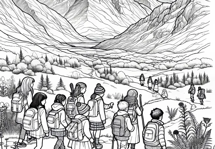 Children hiking through the highlands – Free coloring page