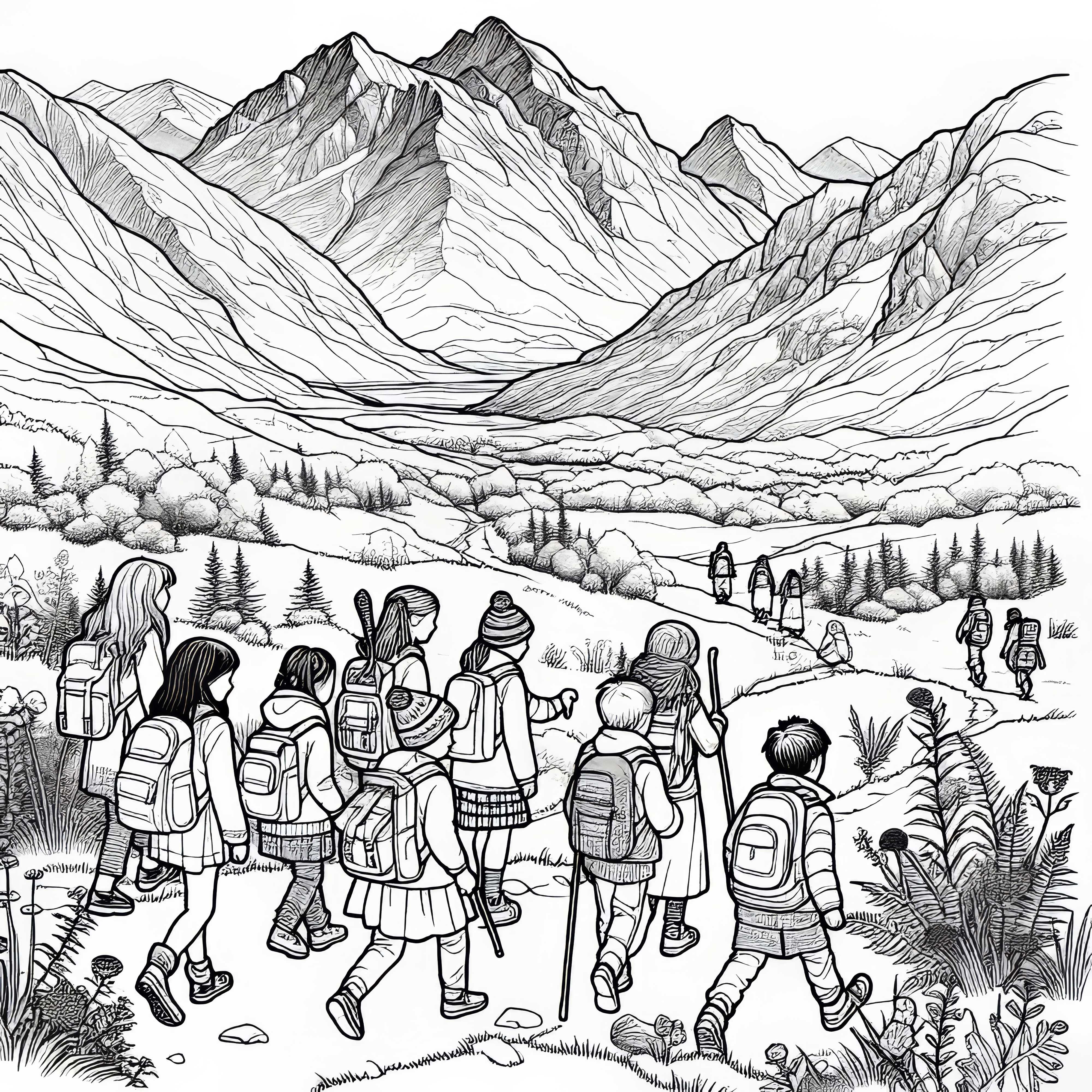 Децата ходят по планините – Безплатна оцветяваща страница Деца вървят из високите земи – Безплатна оцветяваща страница