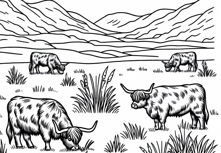 Високопланински говеда пасат в ливадно пейзажно – безплатен шаблон за оцветяване