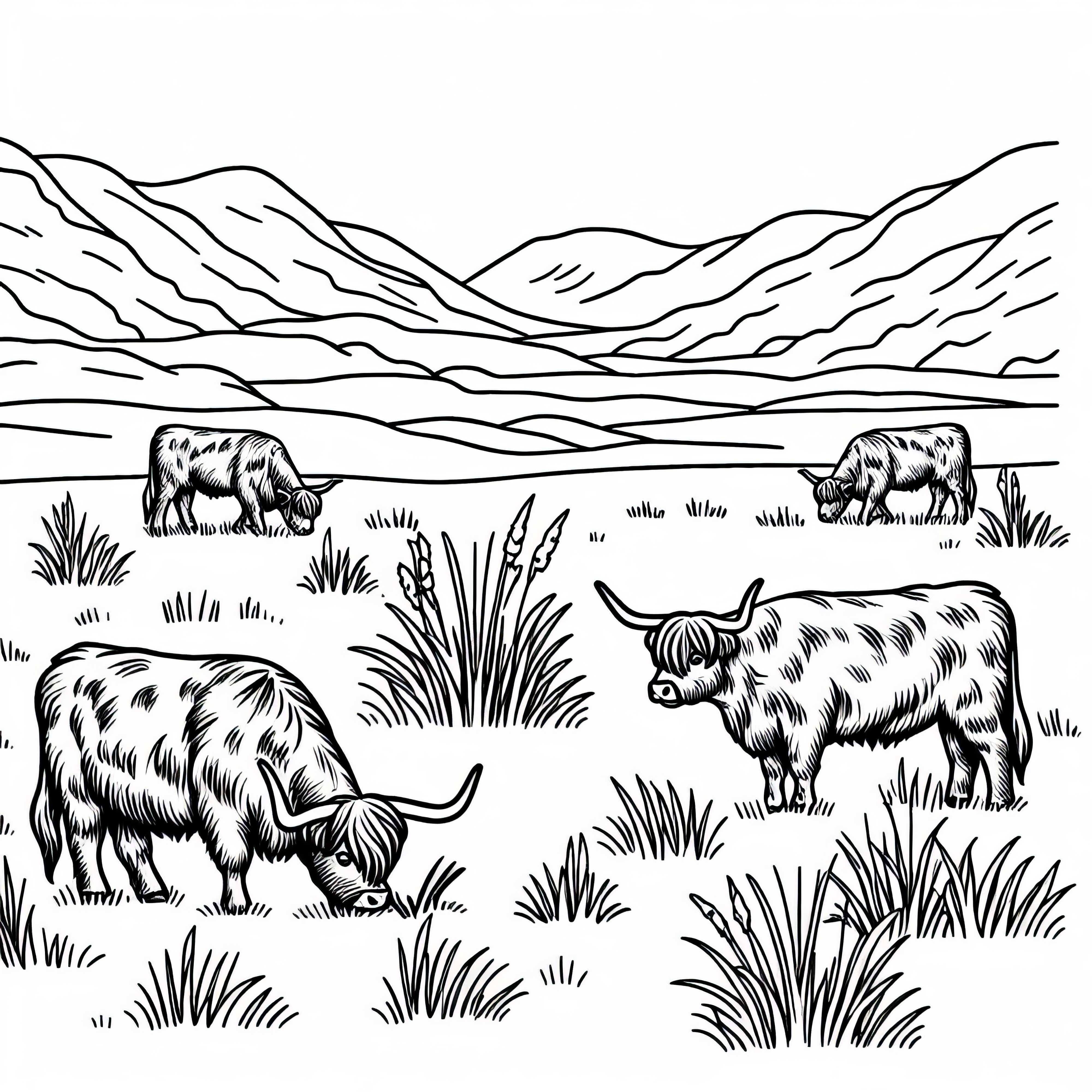 Високопланински крави пасат в ливадна местност – безплатен шаблон за оцветяване Високопланински крави пасат в ливадни пейзажи – Безплатен шаблон за оцветяване