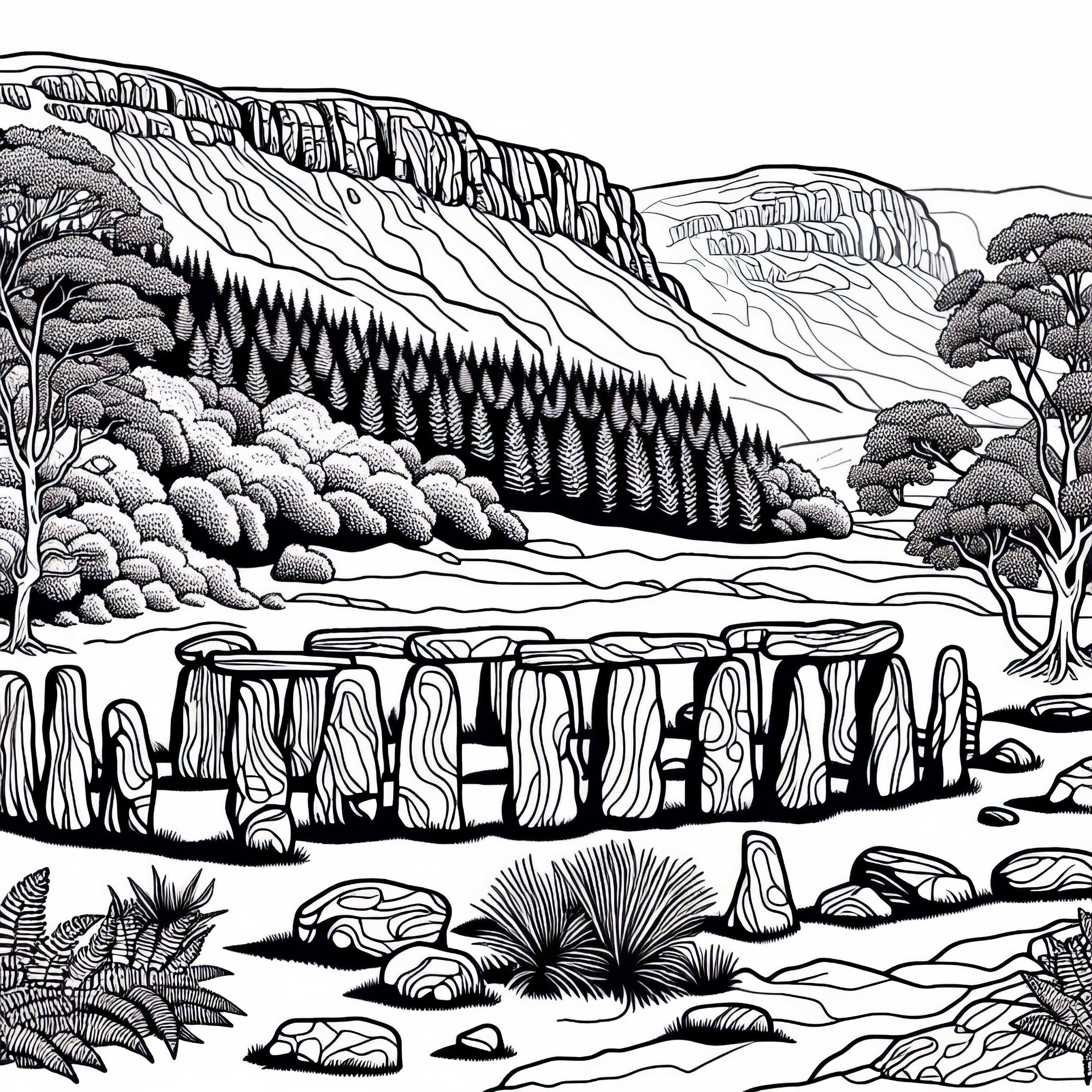 Стар каменен кръг в планината като безплатна за оцветяване картина Стар кръг от камъни в планината като безплатна оцветяваща страница