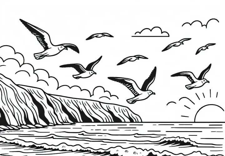 Seagulls fly over the sea at the coast - free coloring page