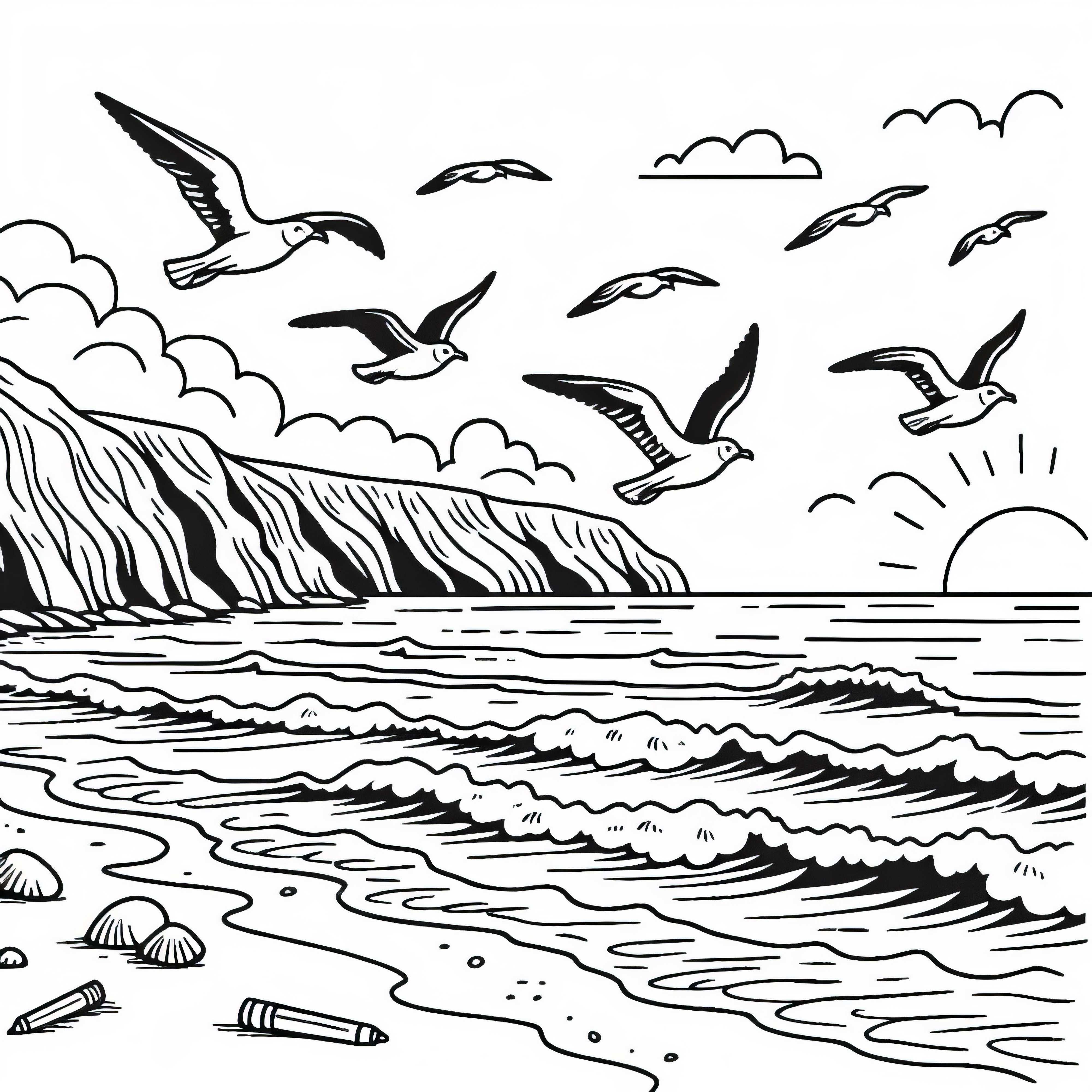Чайки летят над морето край брега – Безплатна оцветяваща страница Чисто безплатен шаблон за оцветяване на морски птици, които летят над морето покрай брега