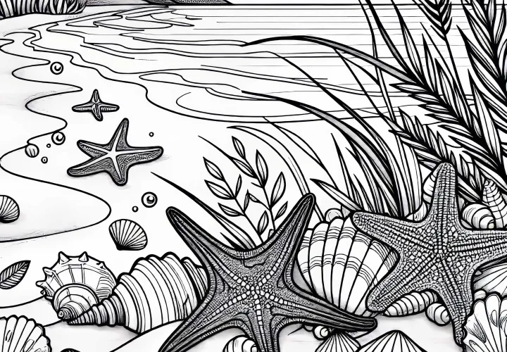 Shells and starfish in the sand on the coast – Free coloring page