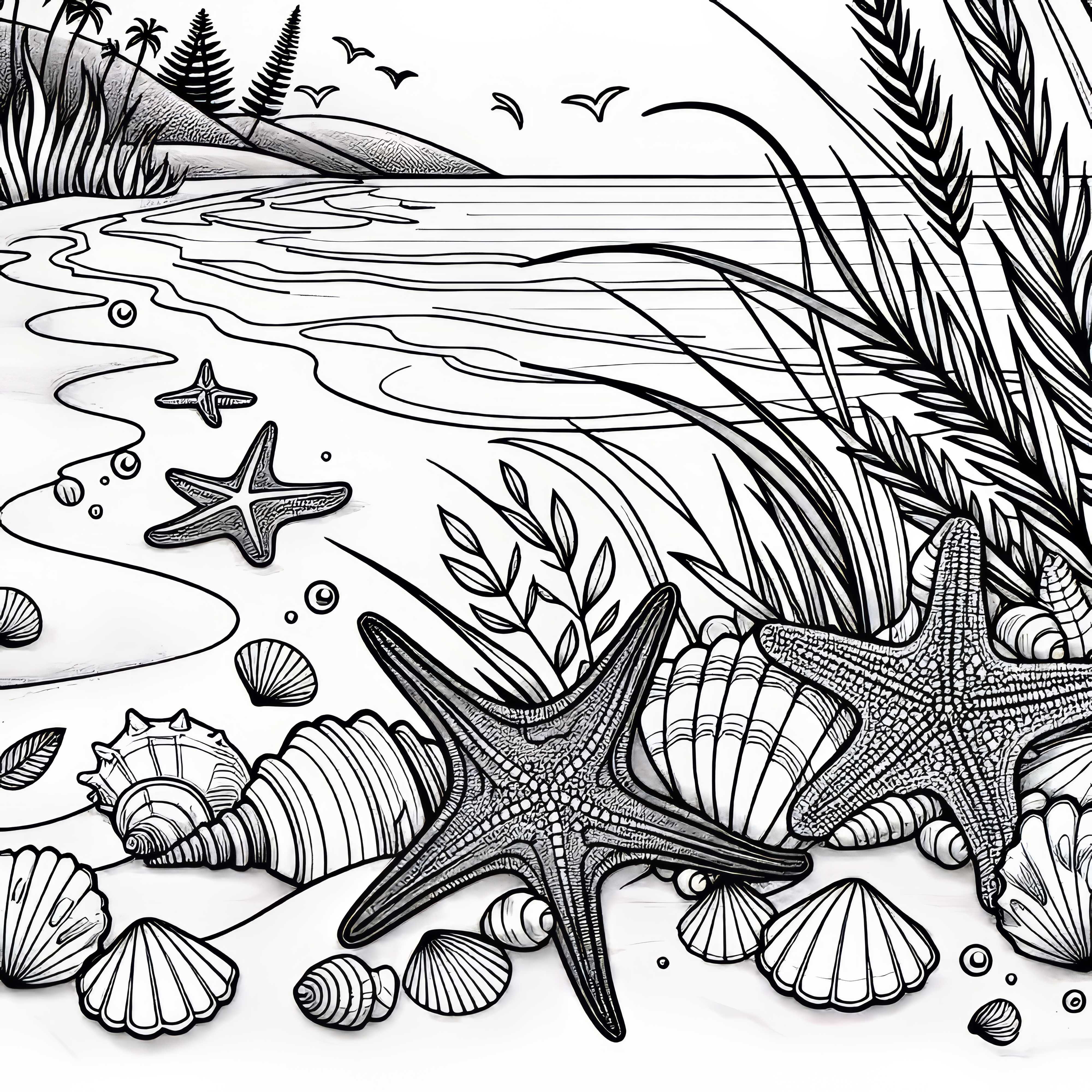 Миди и морски звезди на пясъка по крайбрежието – Безплатна разцветка Мидички и морски звезди в пясъка на крайбрежието – Безплатна силажна картина