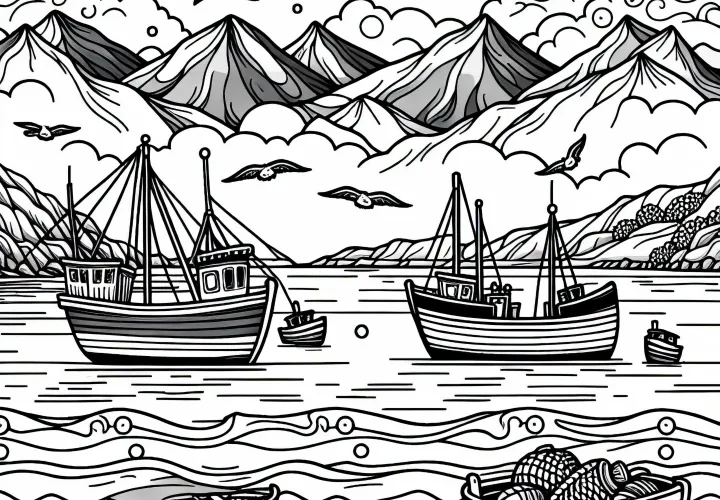 Fishing boats on the coast – Free coloring page
