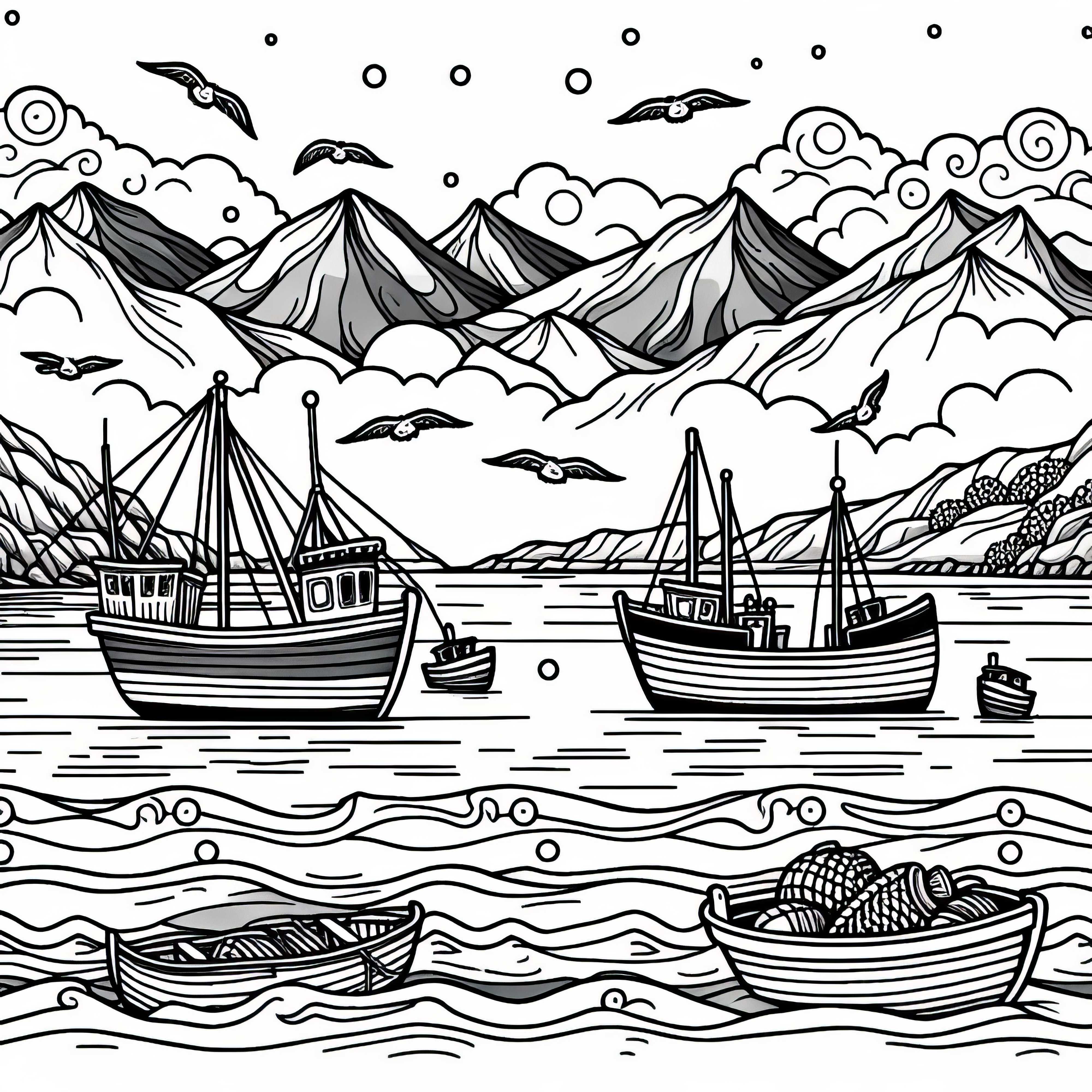 Рибарски лодки на брега – Безплатна оцветявка Рибарски лодки на брега – Безплатен цветен образец