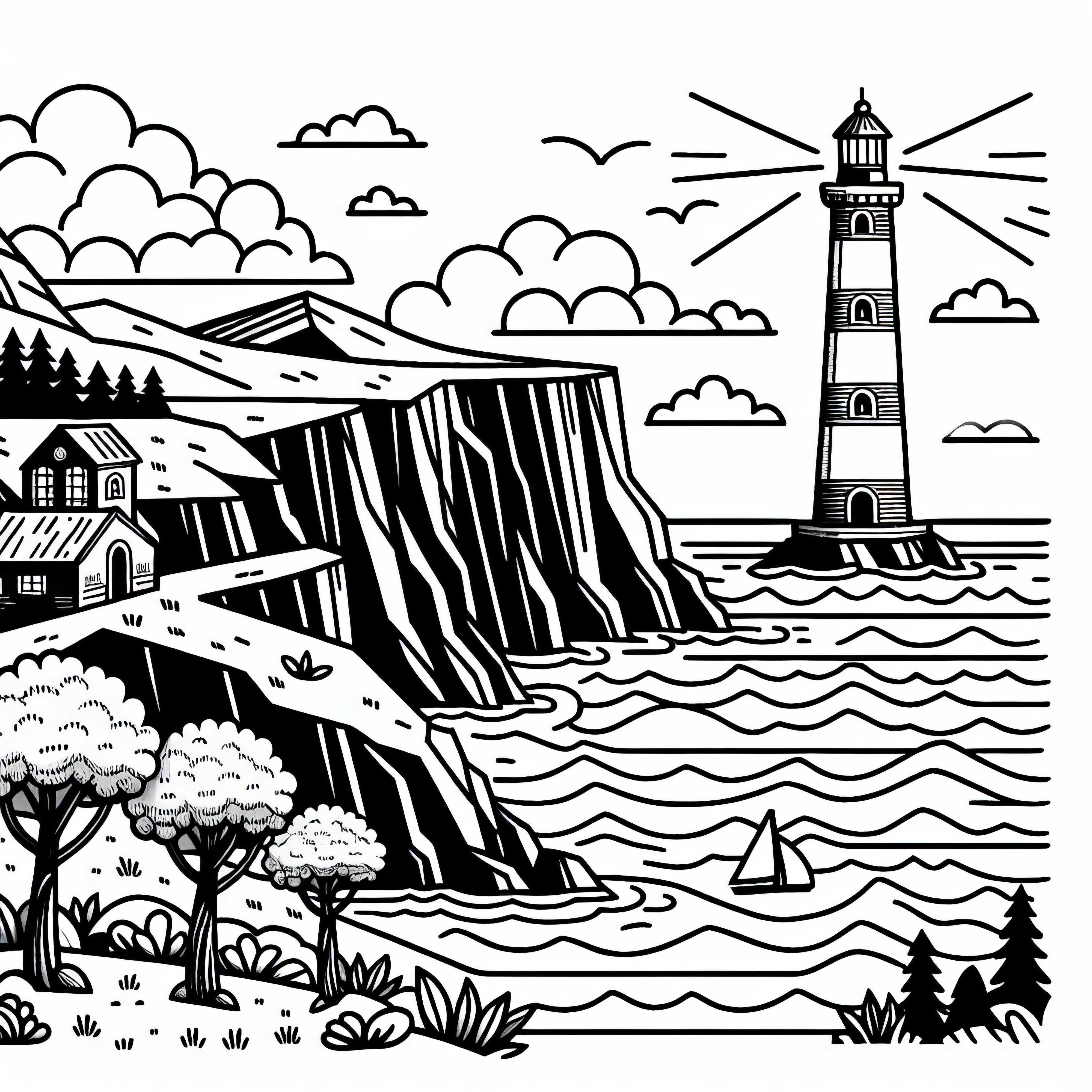 Фар на брега - безплатен шаблон за оцветяване Безплатна рисувателна страница с фар на брега