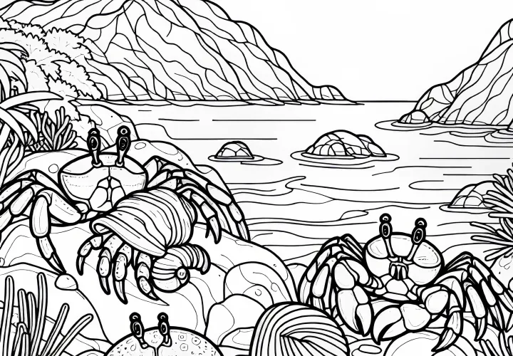 Crabs on rocks at the coast – Free coloring template