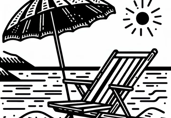 Beach chair with sunshade on the coast – free coloring template