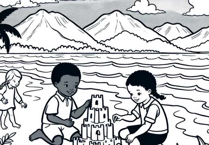 Children building a sandcastle at the sea – Free coloring page coastal landscape