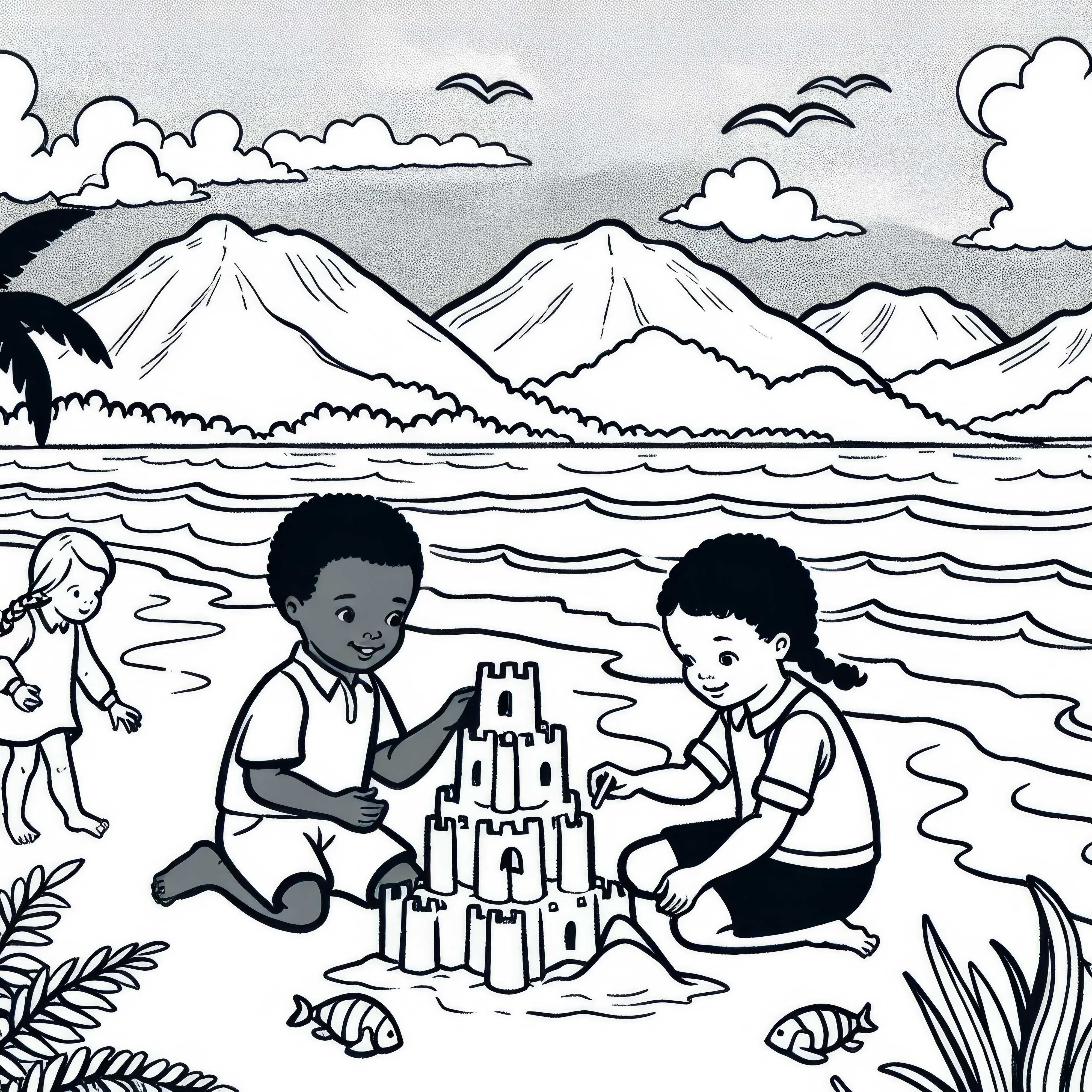 Децата строят пясъчен замък на морето - Оцветяваща страница с крайбрежен пейзаж Безплатно Децата строят пясъчен замък на морето – Оцветяване на крайбрежен ландшафт безплатно