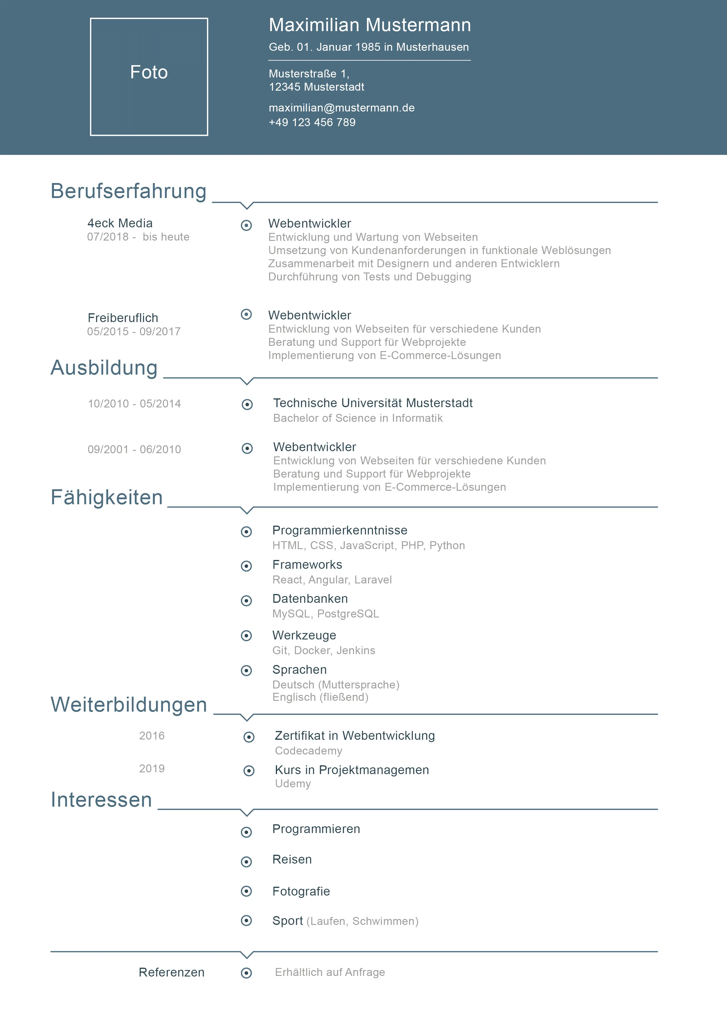 Bearbeitung der persönlichen Daten in der Lebenslauf-Vorlage