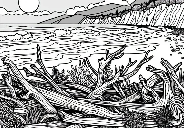 Driftwood and algae on the coast – free coloring page