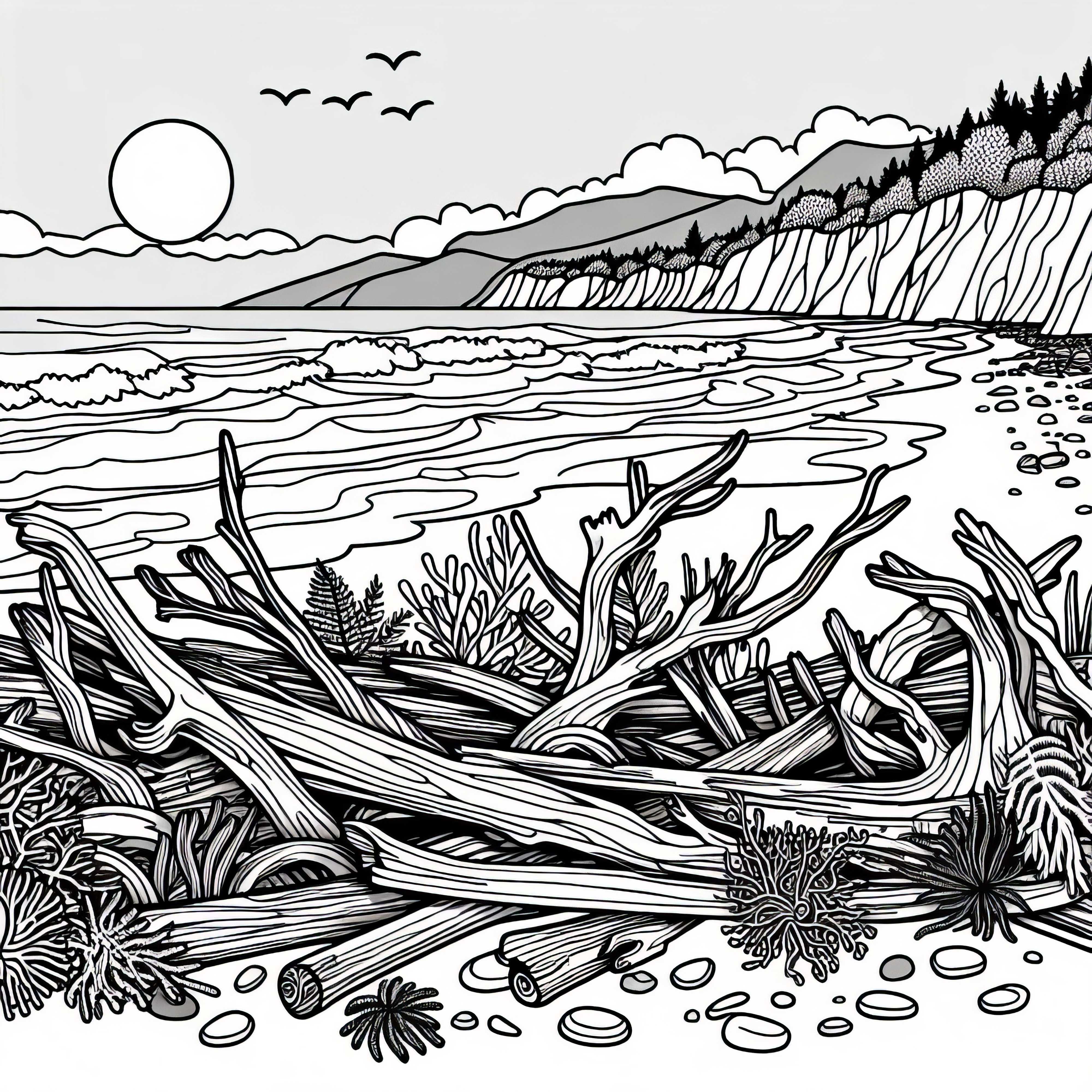 Дървесина и водорасли на брега – Безплатна оцветяваща страница Дървесина и водорасли на брега - безплатна картина за оцветяване