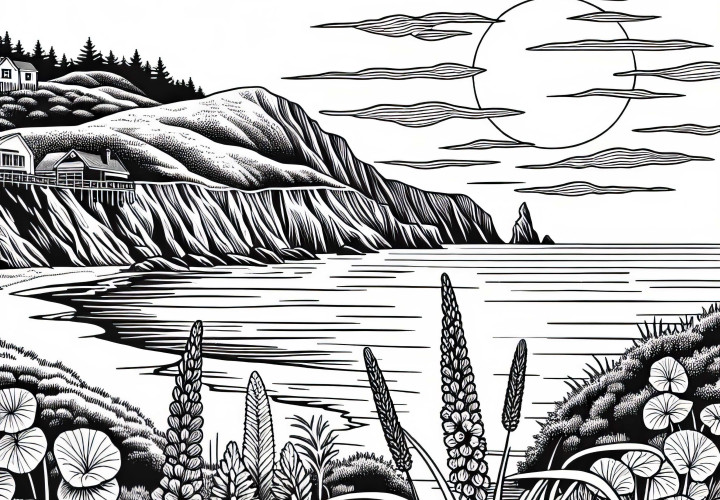 Залез на крайбрежието – Безплатна рисунка за оцветяване