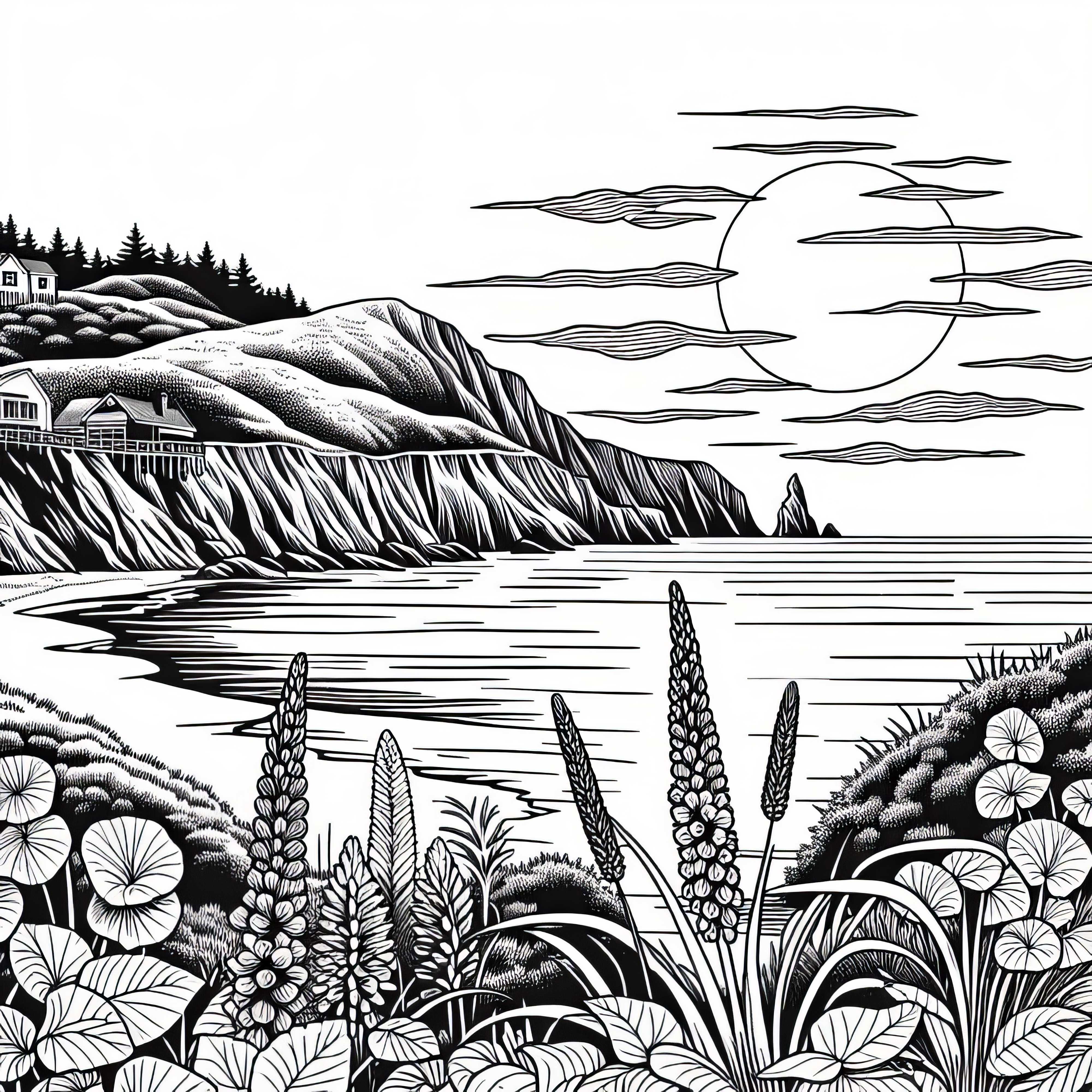 Залез на брега – Безплатна картина за оцветяване Залез на брега – безплатна оцветяваща страница