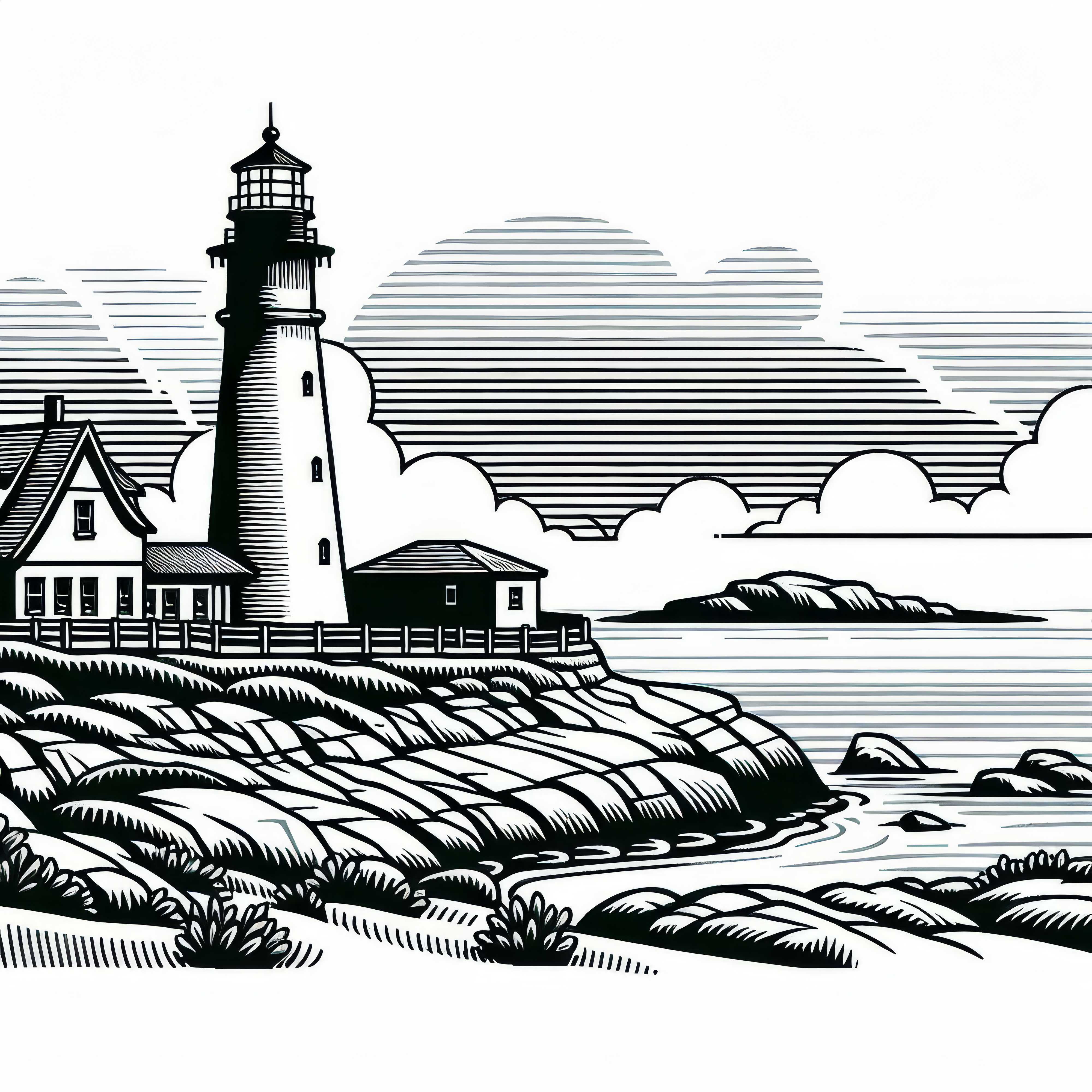 Стара фар маяк шаблон рисуване крайбрежен пейзаж безплатно Стара фар на морския бряг безплатен шаблон за оцветяване