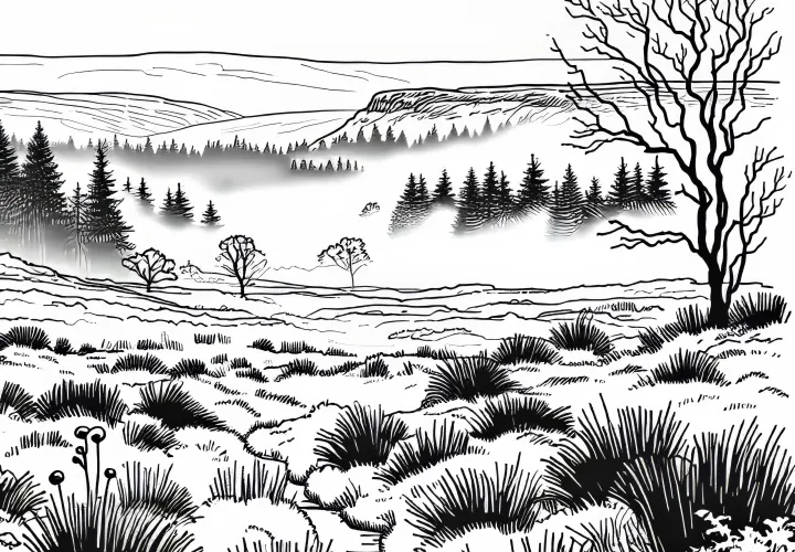 Fog drifts over a gloomy moorland - Free coloring page