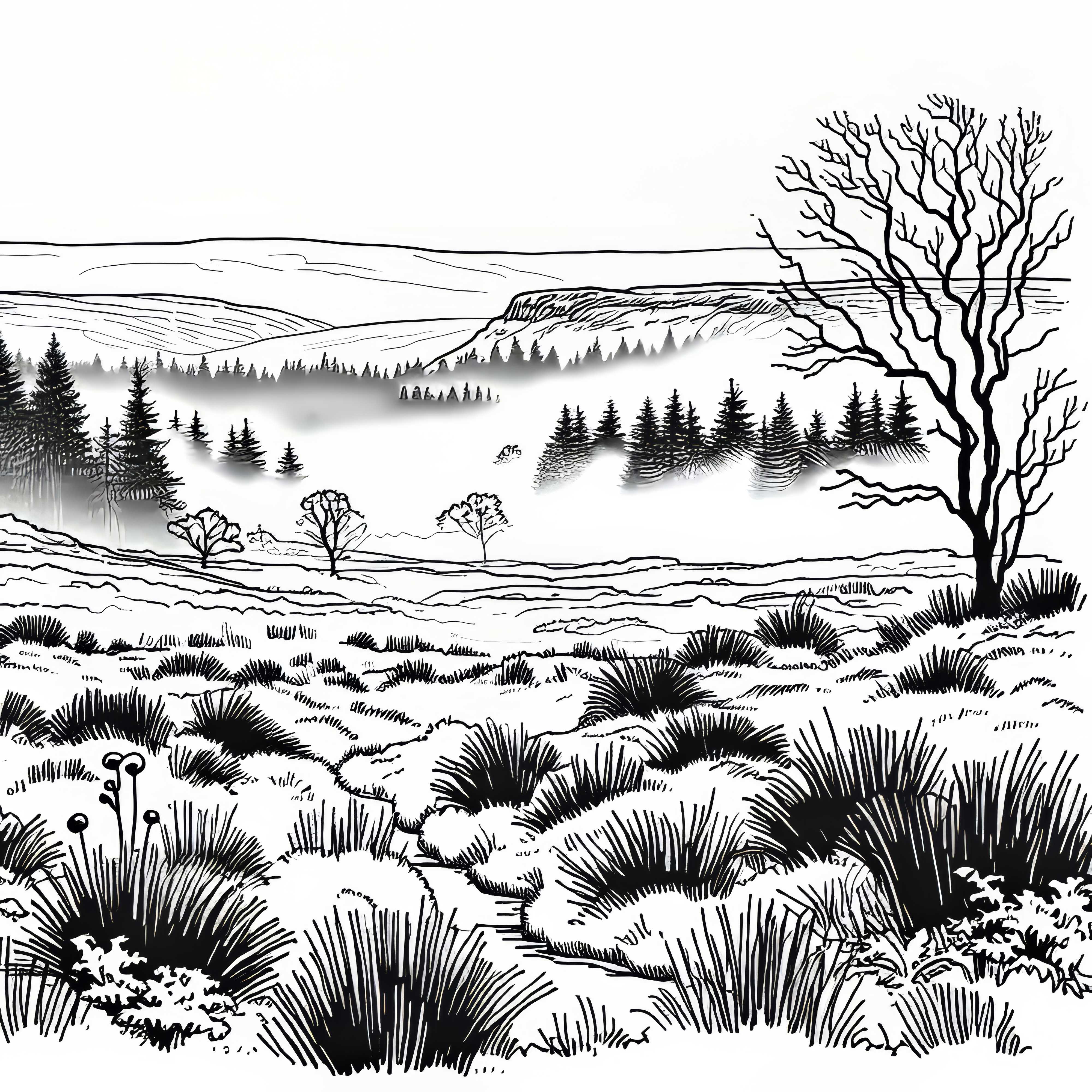 Мъгла се издига над мрачната торфена местност – Безплатна оцветяваща страница Мъгла се надига над мрачния торфен пейзаж – Безплатна картина за оцветяване