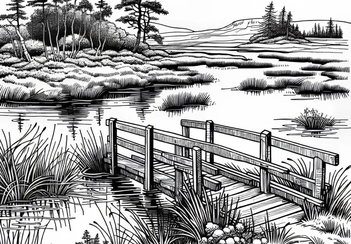Small wooden bridge in a marshy area – Free coloring page