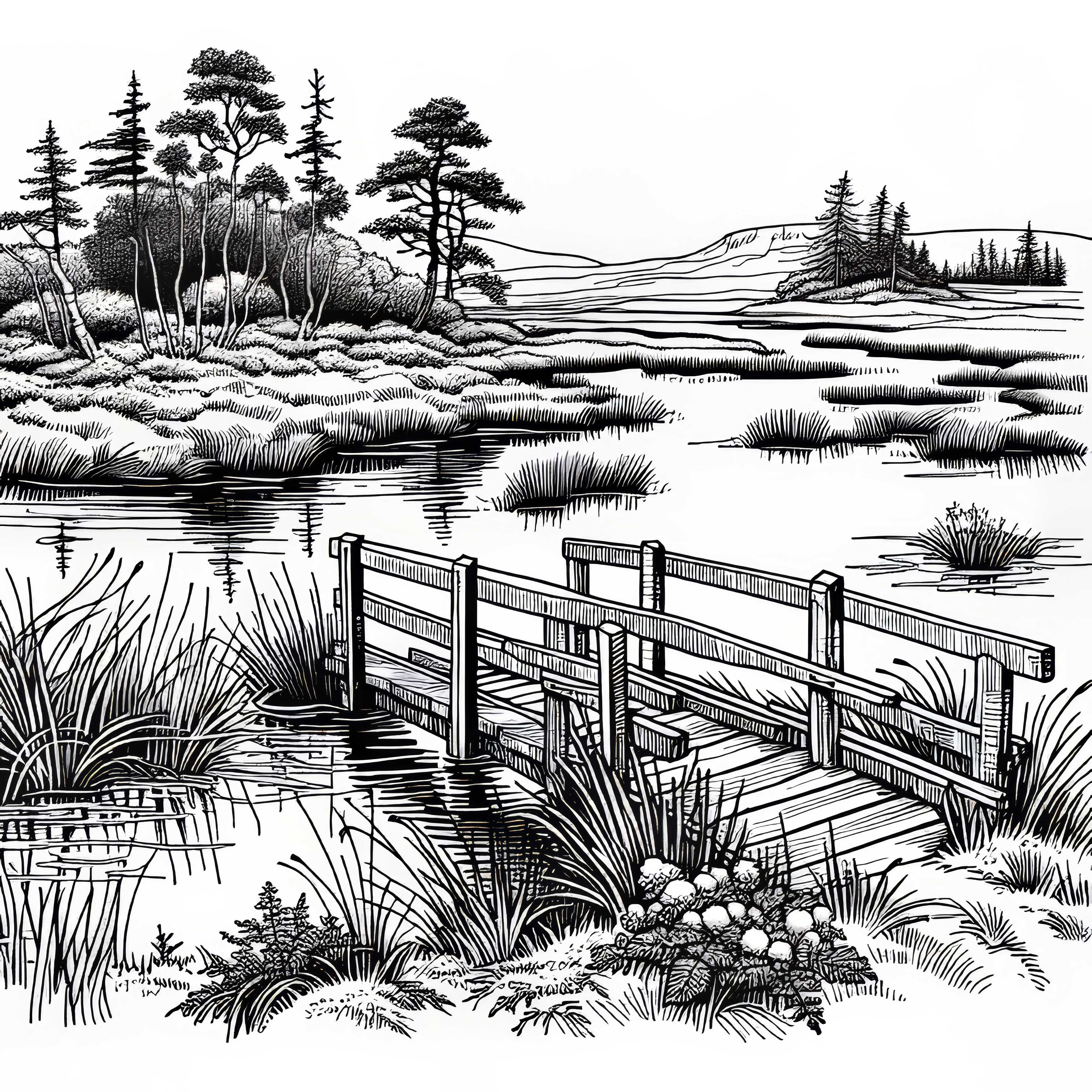 Малък дървен мост в блатиста местност – Безплатна рисунка за оцветяване Малък дървен мост в блатиста местност – Безплатна оцветявка