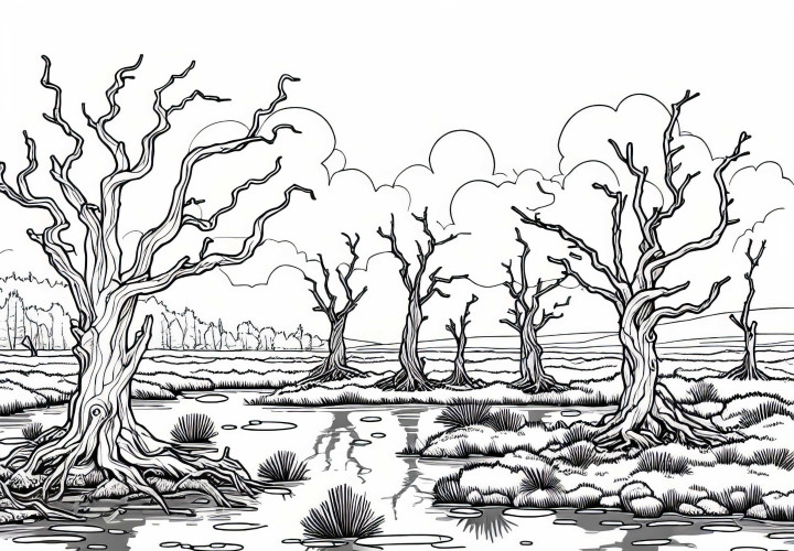 Старите изкривени дървета стоят във водата на едно блато - Безплатна оцветяваща страница