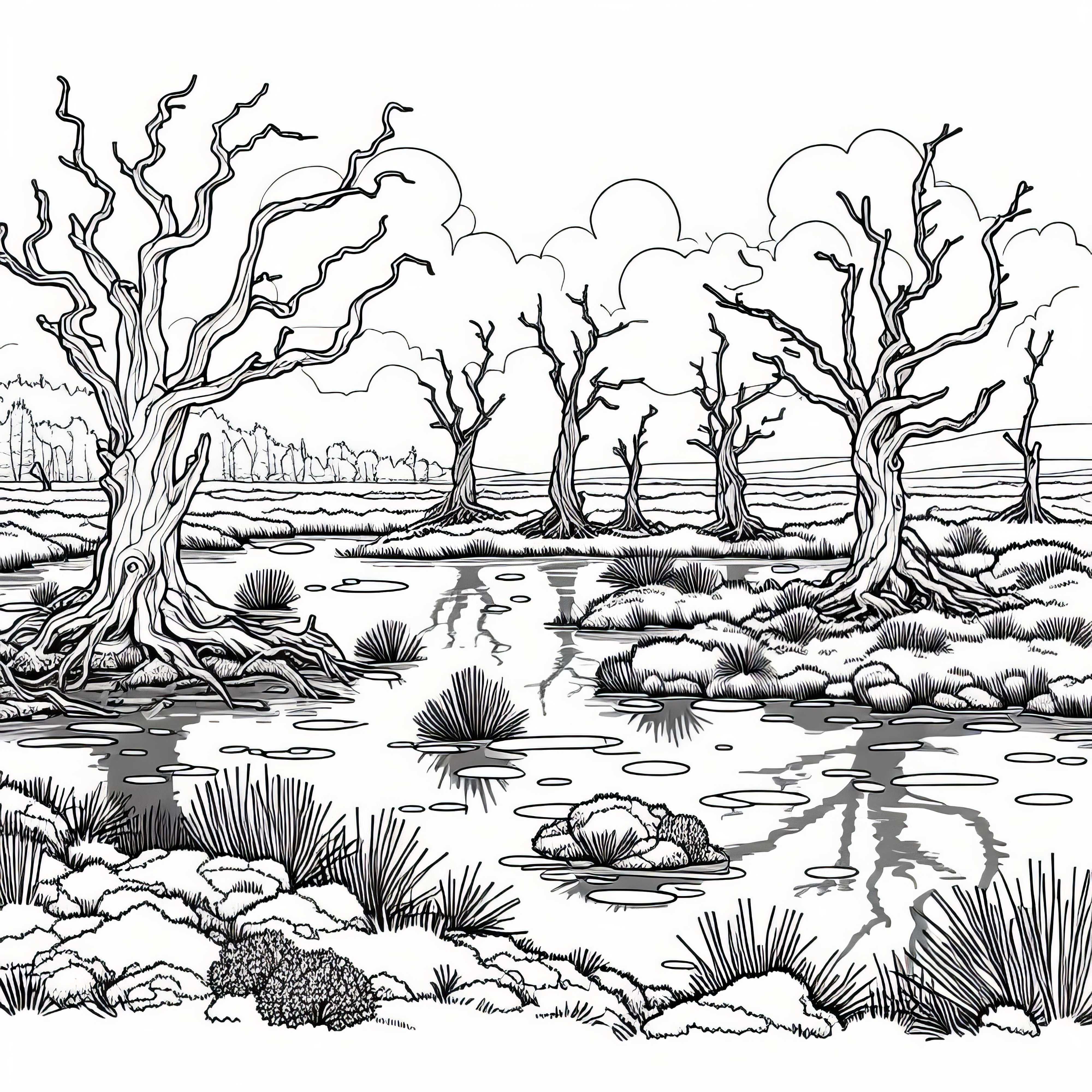 Старите изкривени дървета стоят във водата на едно блато - Безплатна оцветяваща страница Старите усукани дървета стоят във водата на едно торфище - безплатен шаблон за оцветяване