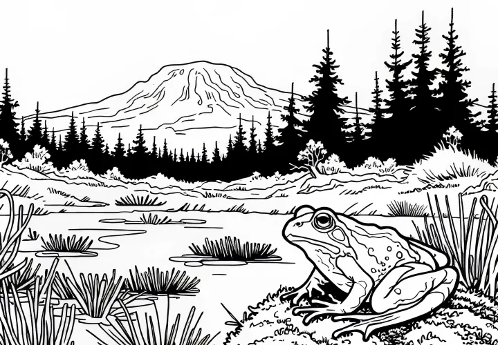 Frog sitting on a moss cushion in the bog – Free coloring page