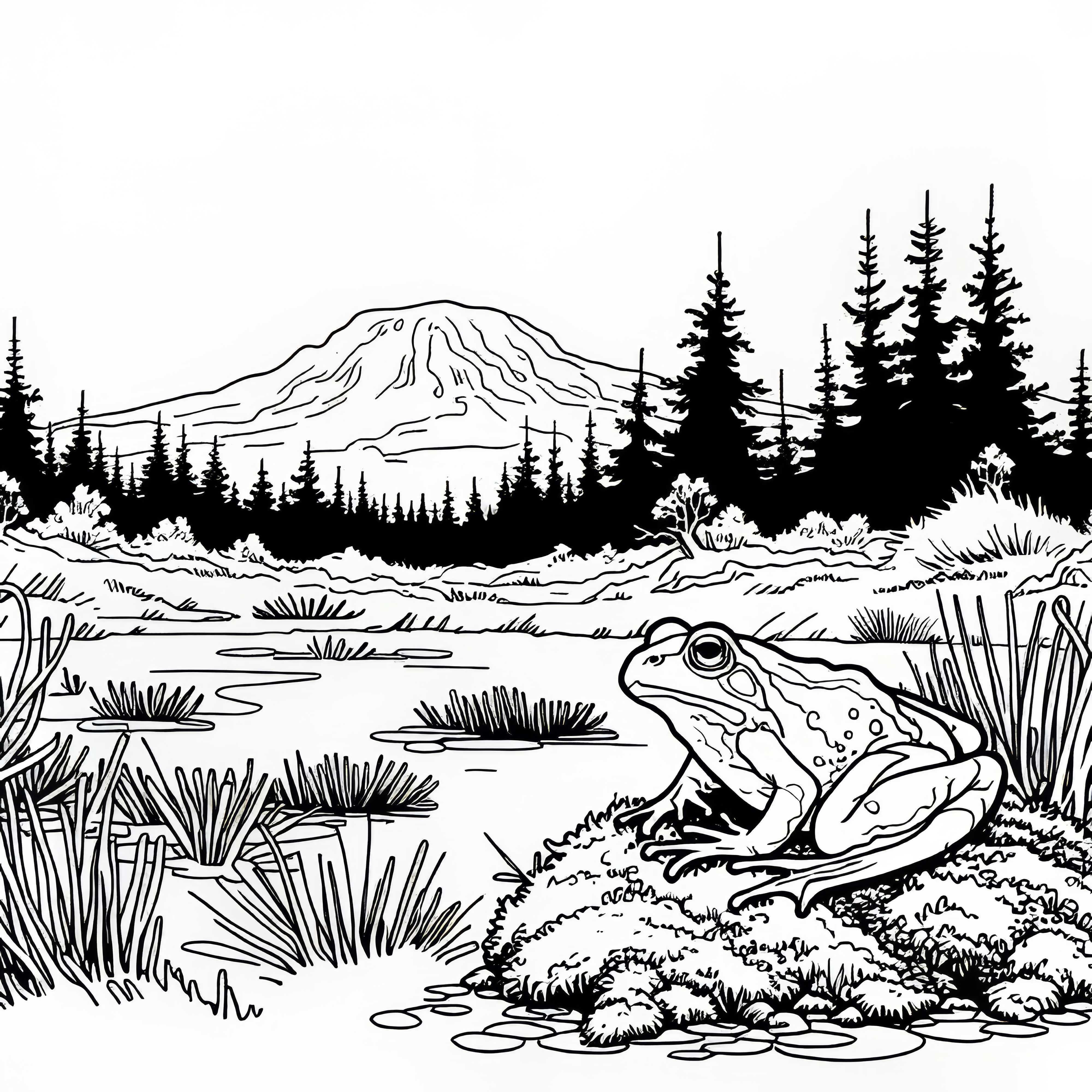 Жаба седи на мъхест възглавничка в блатото – безплатна цветна картина Жаба седи на мъхов килим в блатото – Безплатна рисунка за оцветяване