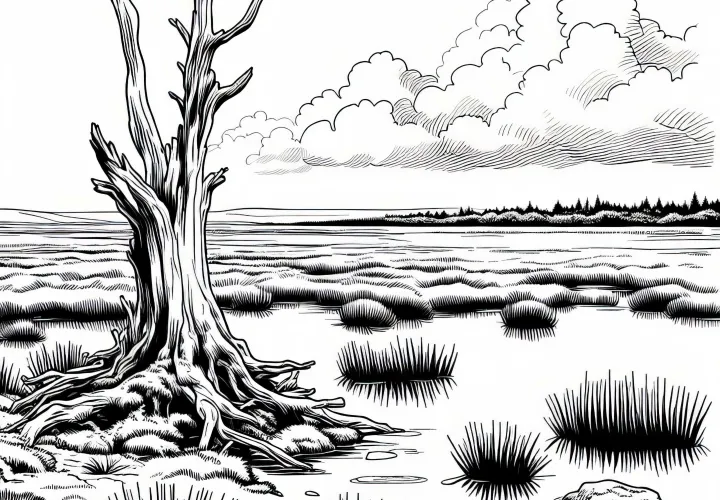 Deadwood protrudes from the water of a bog - free coloring page
