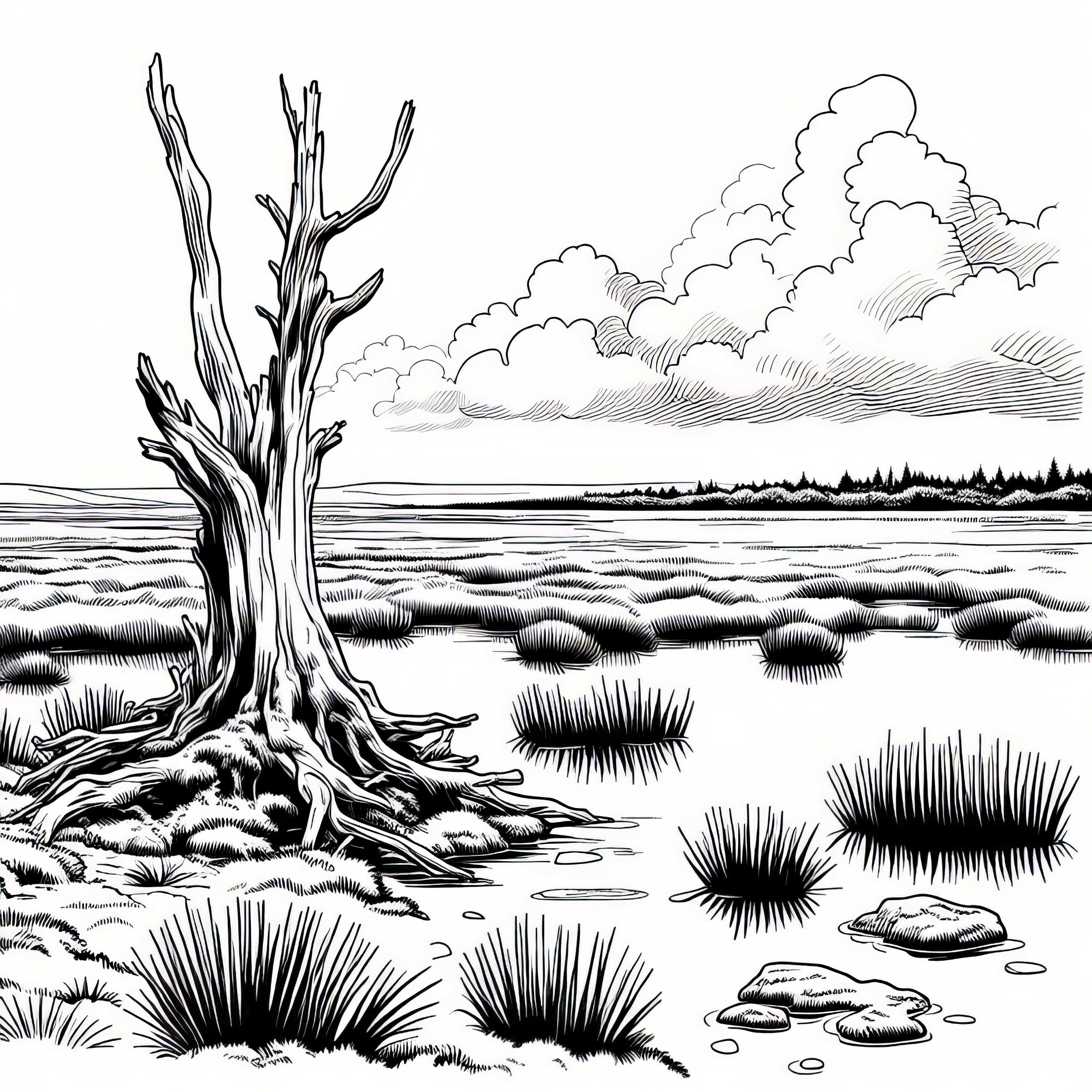 Мъртво дърво стърчи от водата на блато - Безплатна картина за оцветяване Мъртво дърво стърчи от водата на блатото - Безплатен шаблон за оцветяване