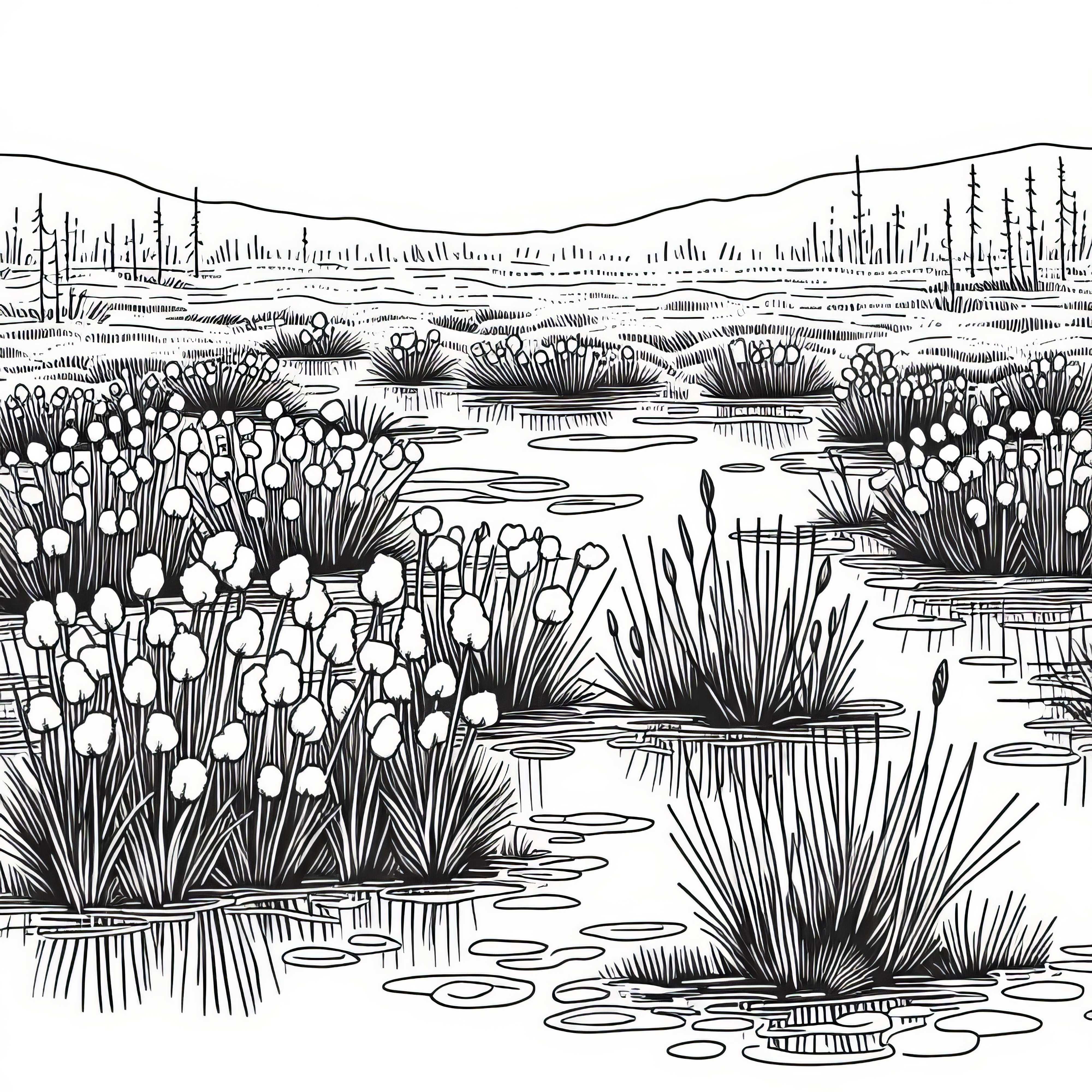 Вълна на тресавище расте на влажна почва – безплатна картинка за оцветяване Косматата трева расте на влажна почва в блатото – безплатна оцветяваща страница