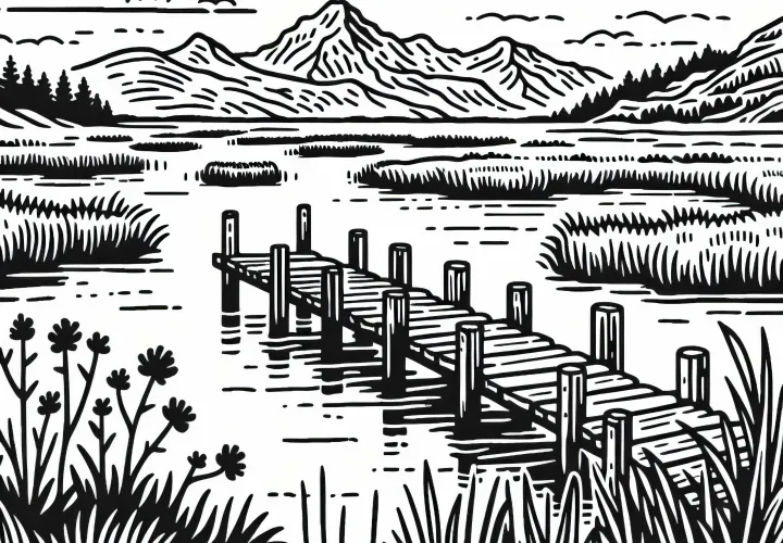 Lonely dock ends abruptly in the swamp – free coloring page