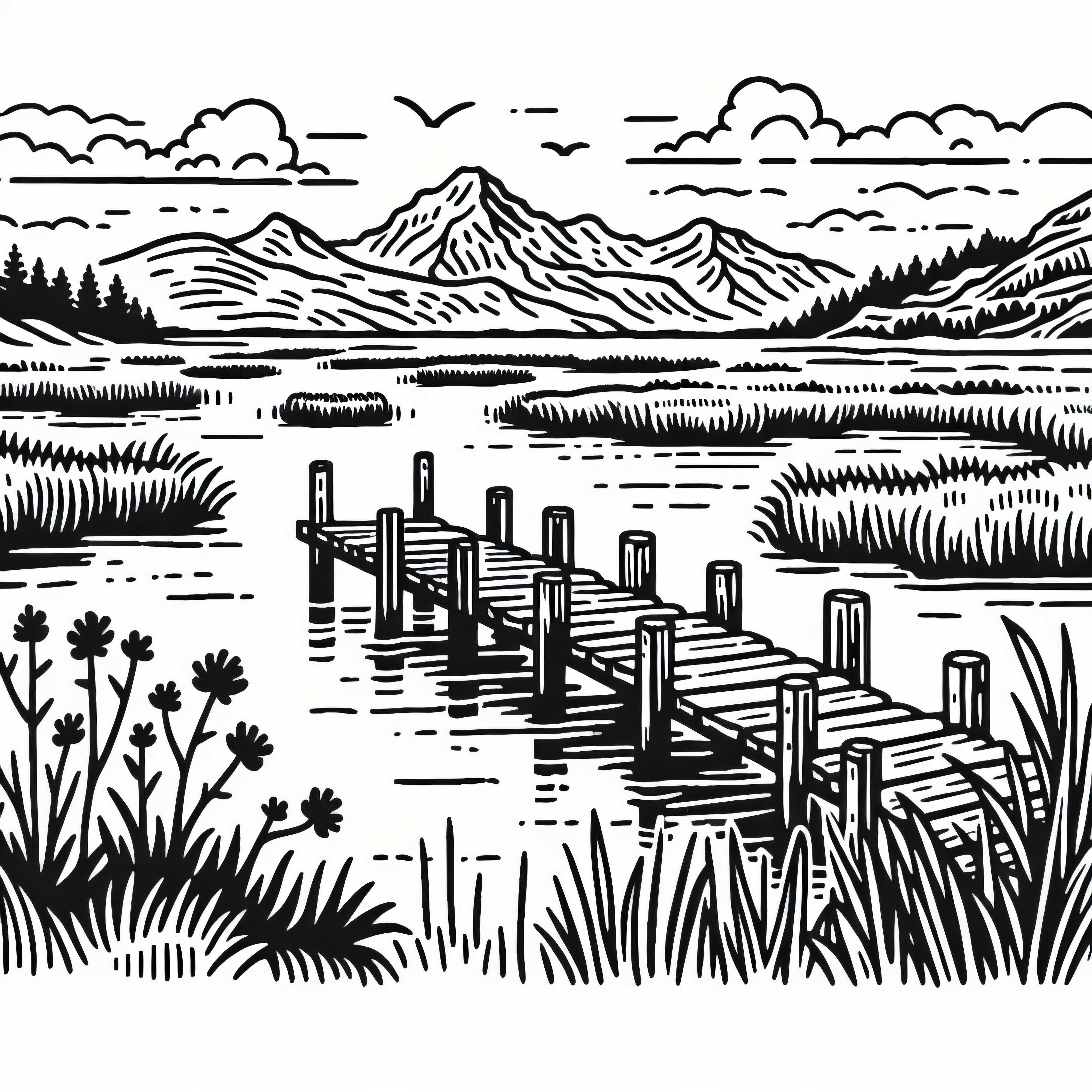 Самотна пътека рязко приключва в блатото – безплатна оцветяваща страница Самотен мост рязко завършва в блатото – безплатна боя за оцветяване